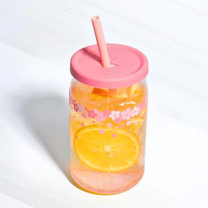 Pink Flower Glass Cup with Wooden Lid, Glass Straw - Beer Shaped, 400ML Iced Coffee Drinking Glasses, Cute Glass Cup for Smoothies, Boba Tea, Whiskey, Water